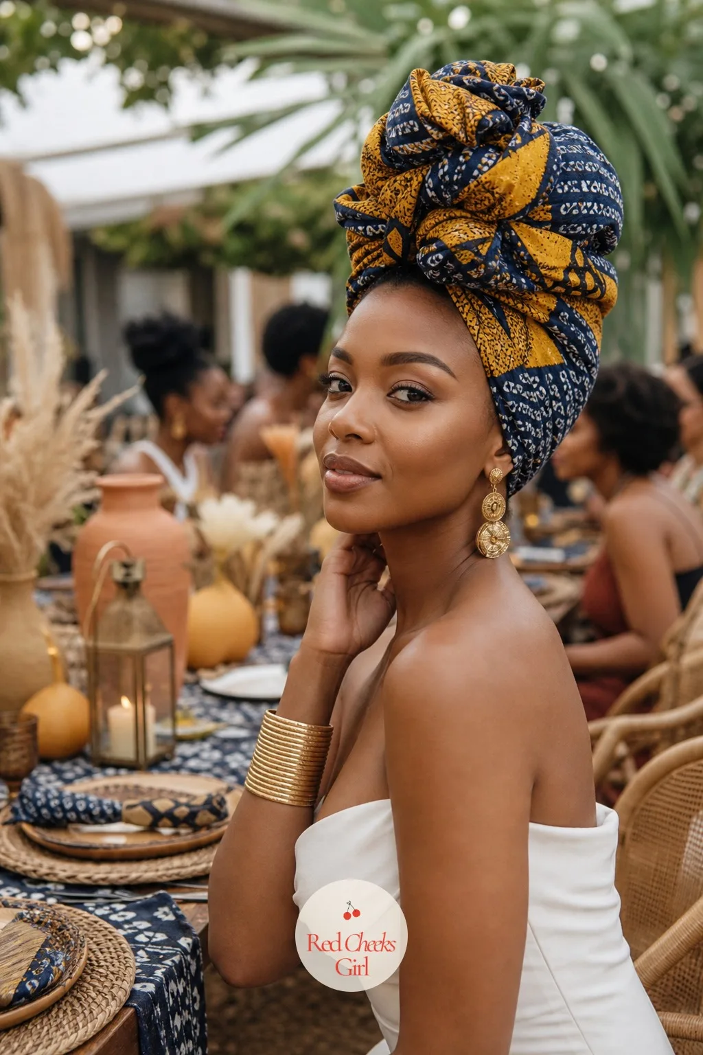 Head Wrap and Gold Jewelry for the Bride — You do not need a veil for this palette to feel finished: a wax print or adire head wrap, tied high, does the same