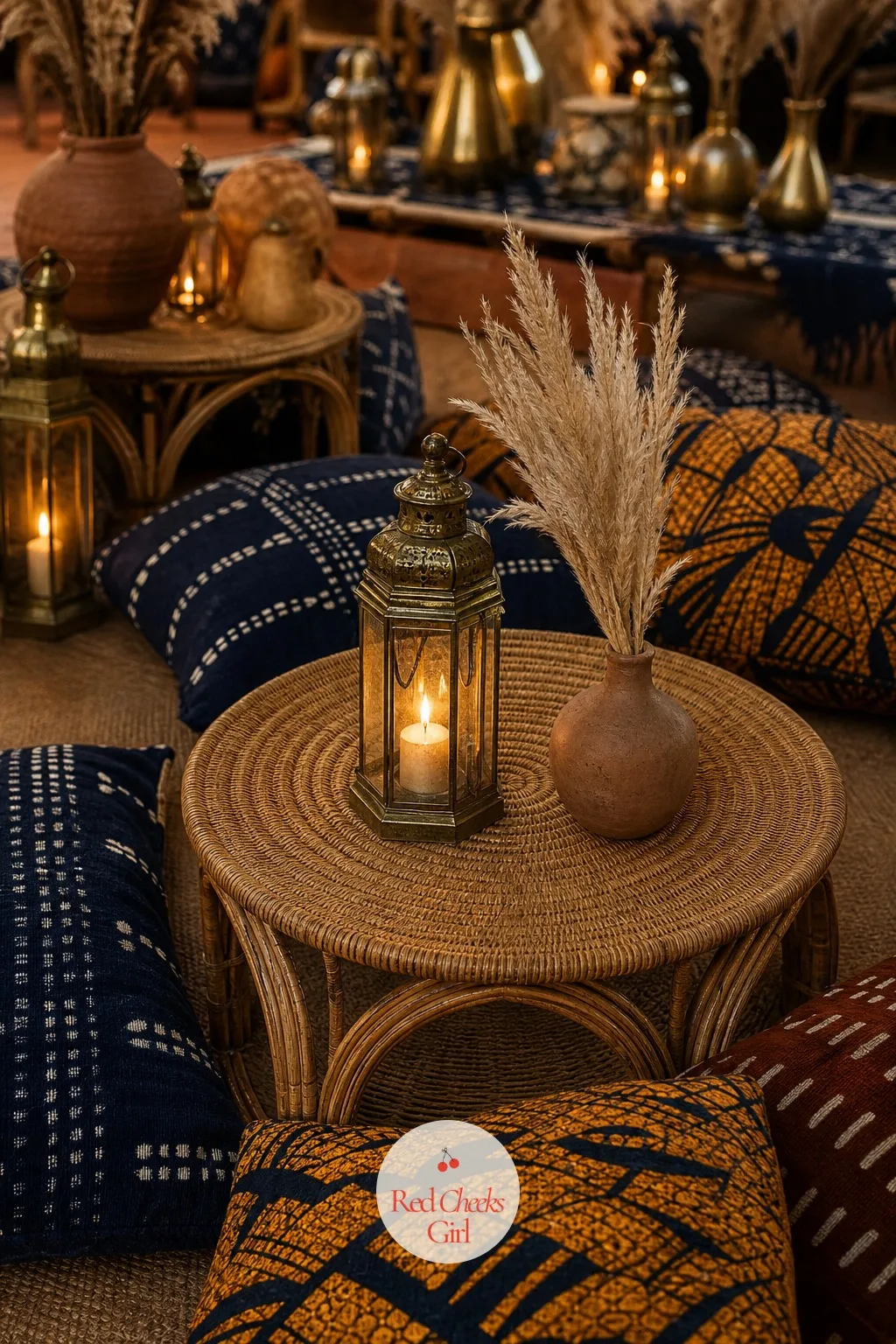 Low Rattan Side Tables With Lantern and Pampas — Between the cushions, a scatter of low rattan drum tables holds small brass lanterns and a few short pampas