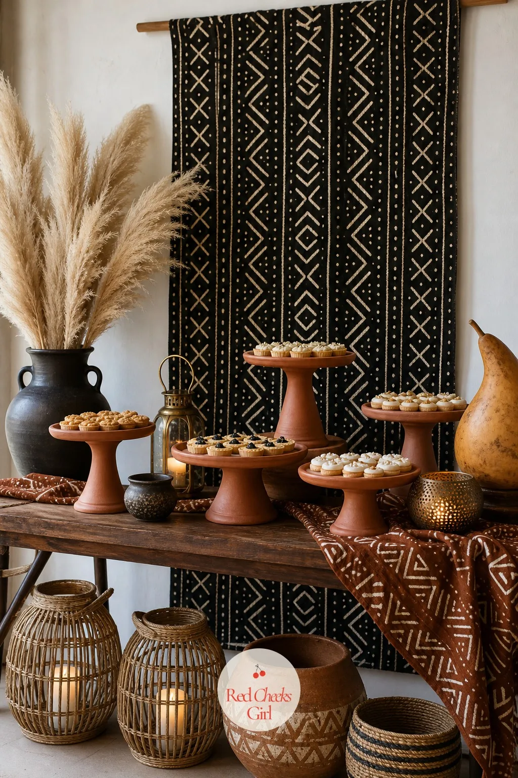Mud Cloth Dessert Table Backdrop With Terracotta Stands — Behind the dessert spread, a smaller version of the ceremony backdrop hangs close to the table: one