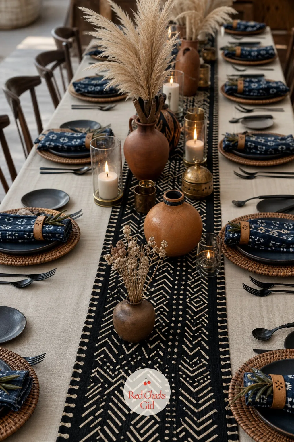 Mud Cloth Table Runners — Down the centre of each long table, a narrow strip of mud cloth sits over plain ivory linen, its black and cream geometry reading