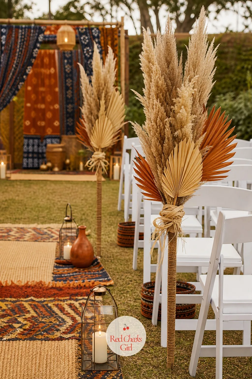 Pampas and Palm Aisle Markers — Down each row of seating, a pair of markers stands where the aisle meets the chairs, tall enough to catch the eye without