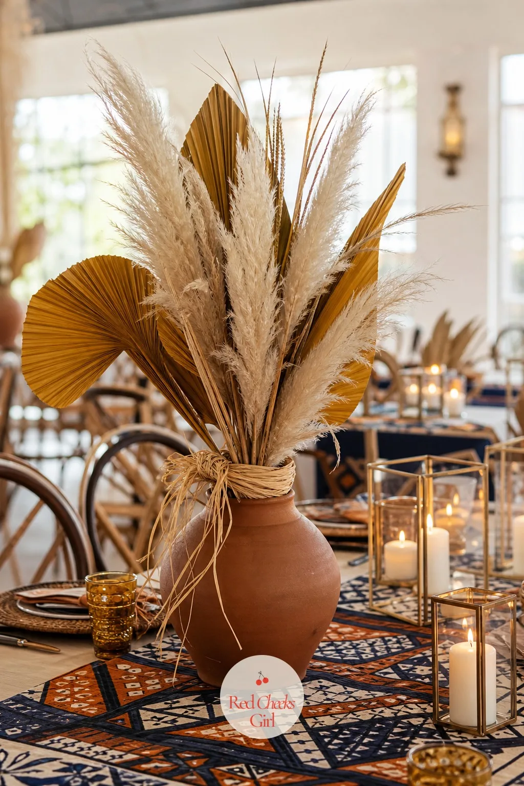 Pampas Plume Centerpieces in Clay Vessels — On the tables that do not get the calabash trio, a single clay or terracotta vase holds a loose bundle of pampas