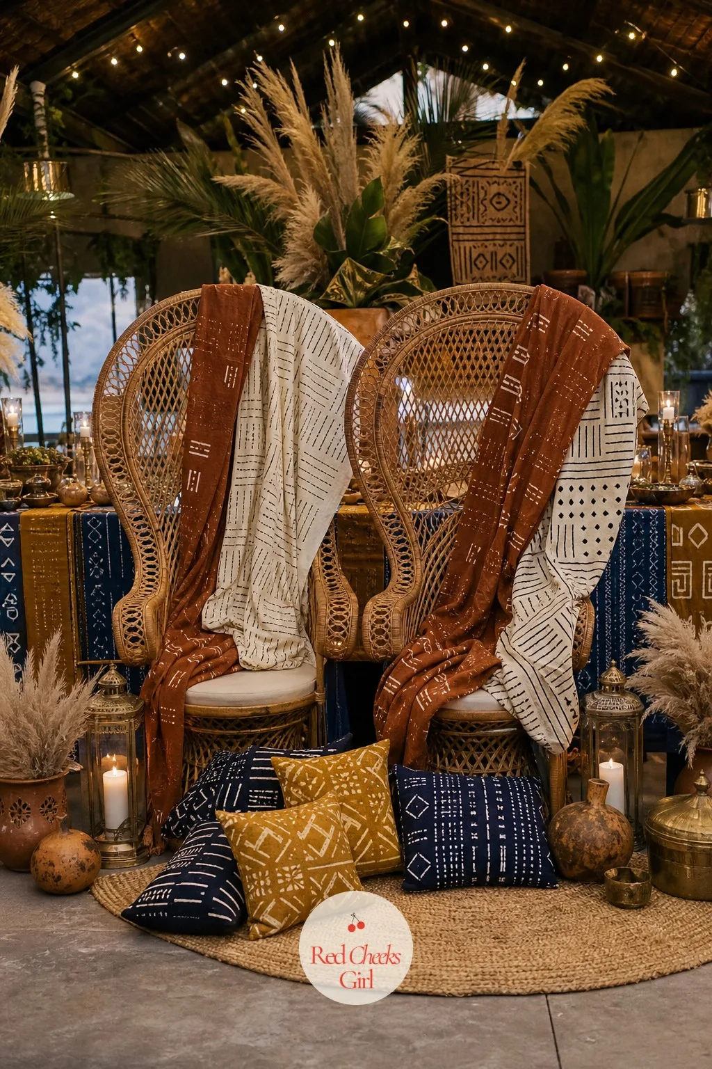 Rattan Peacock Chair Sweetheart Seats — At the head of the room, two fan-backed rattan peacock chairs stand in for a sweetheart table, each draped with a mud