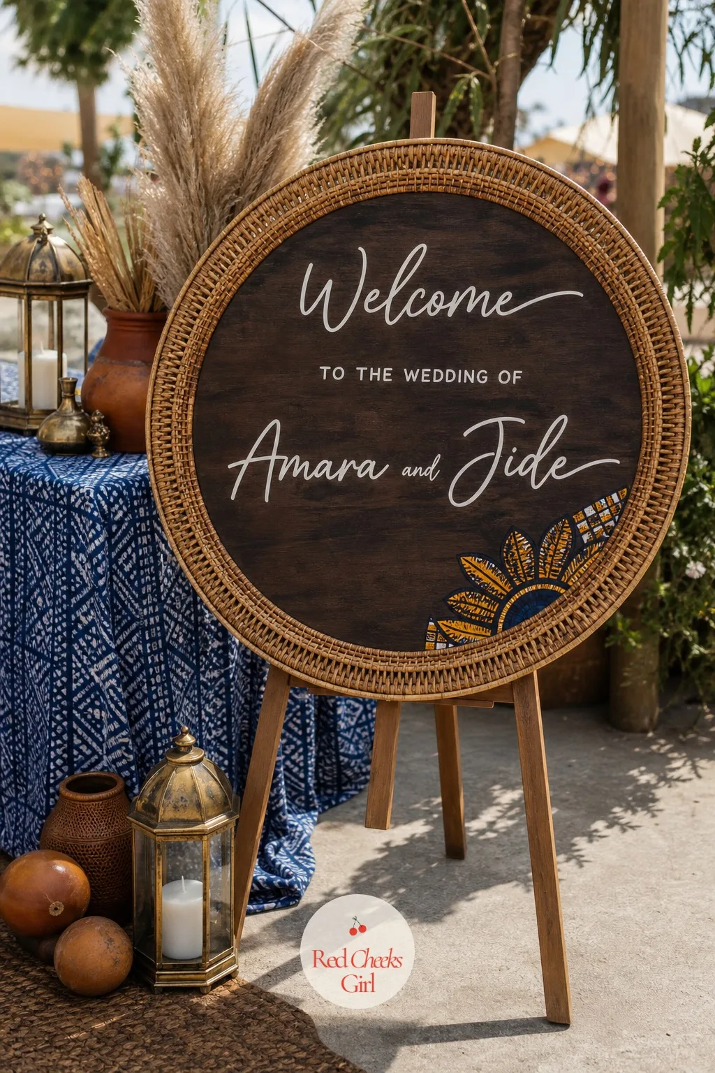Rattan-Framed Welcome Sign — At the entrance, before the beaded curtain even, a welcome sign stands in a rattan frame, the couple's names hand-lettered over a