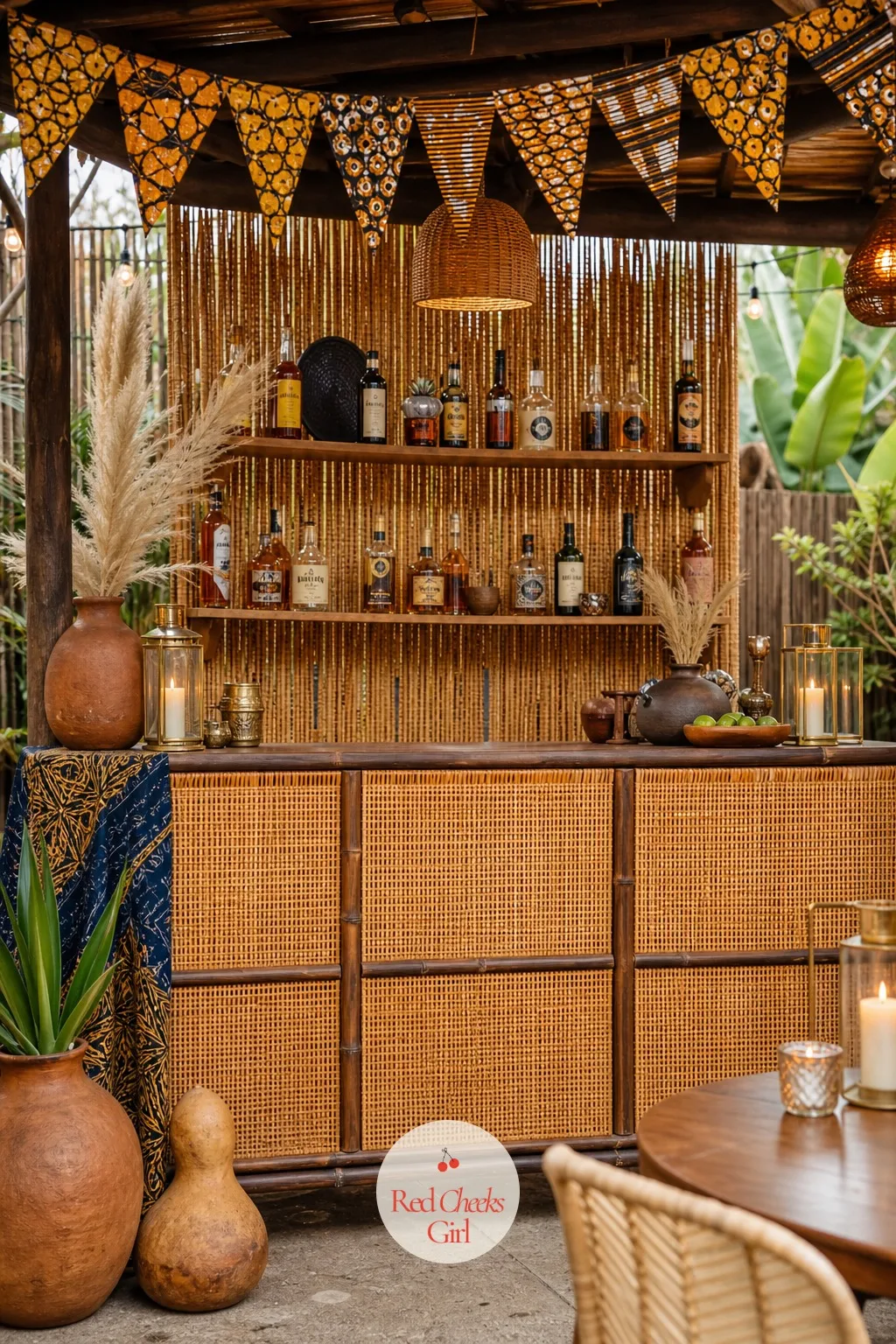 Rattan-Wrapped Bar Front With Bamboo Beaded Curtain Backdrop — The bar itself gets wrapped rather than skirted: rattan panelling across the front instead of
