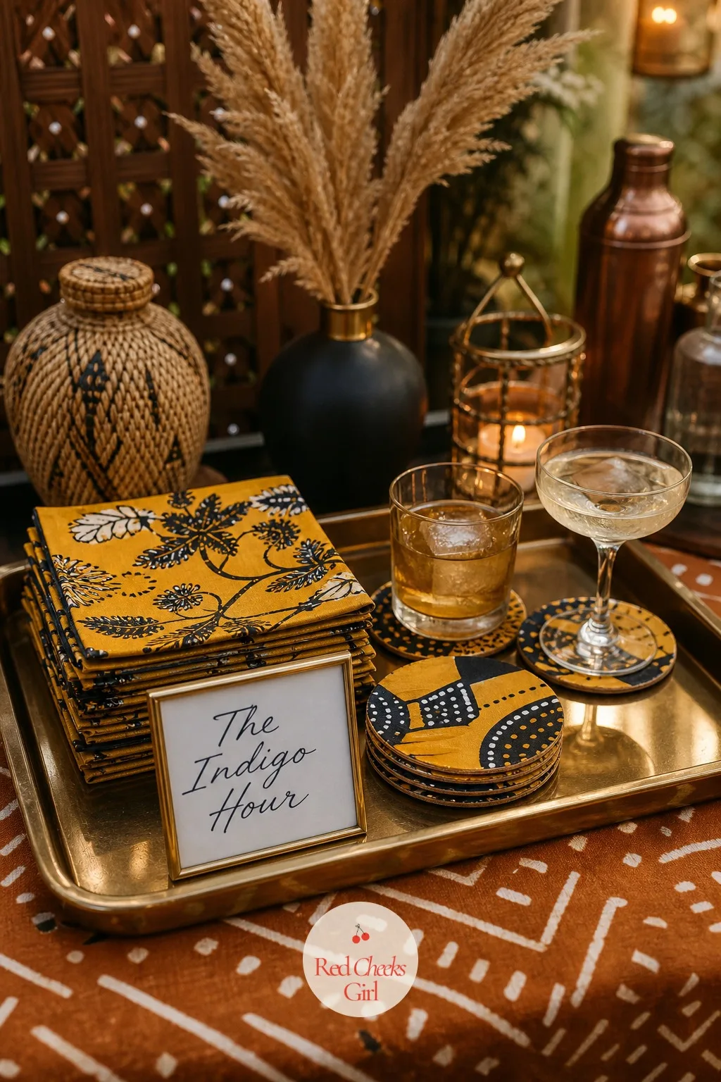 Signature Cocktail Napkins and Coasters in Wax Print — At the bar, small wax print coasters sit under every glass and a stack of matching cocktail napkins