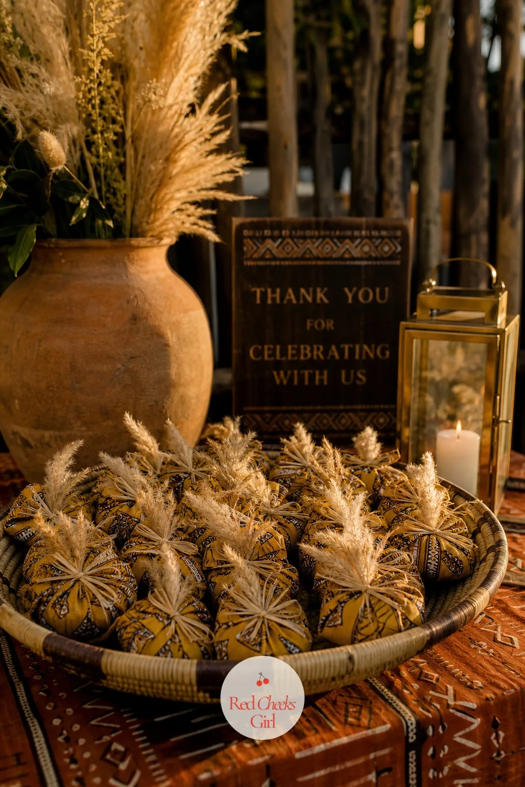 Wax-Print Wrapped Favor Bundles — By the door, small bundles wait for guests to take home, wax print fabric wrapped around a simple treat and tied with a
