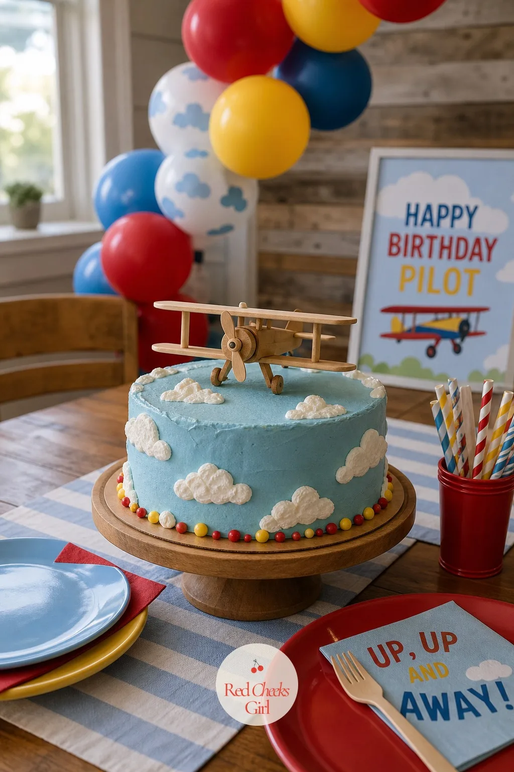 Airplane Cake With Cloud Frosting — She will blow the candles out on this one in about four seconds flat, so let it earn its photo before that happens.