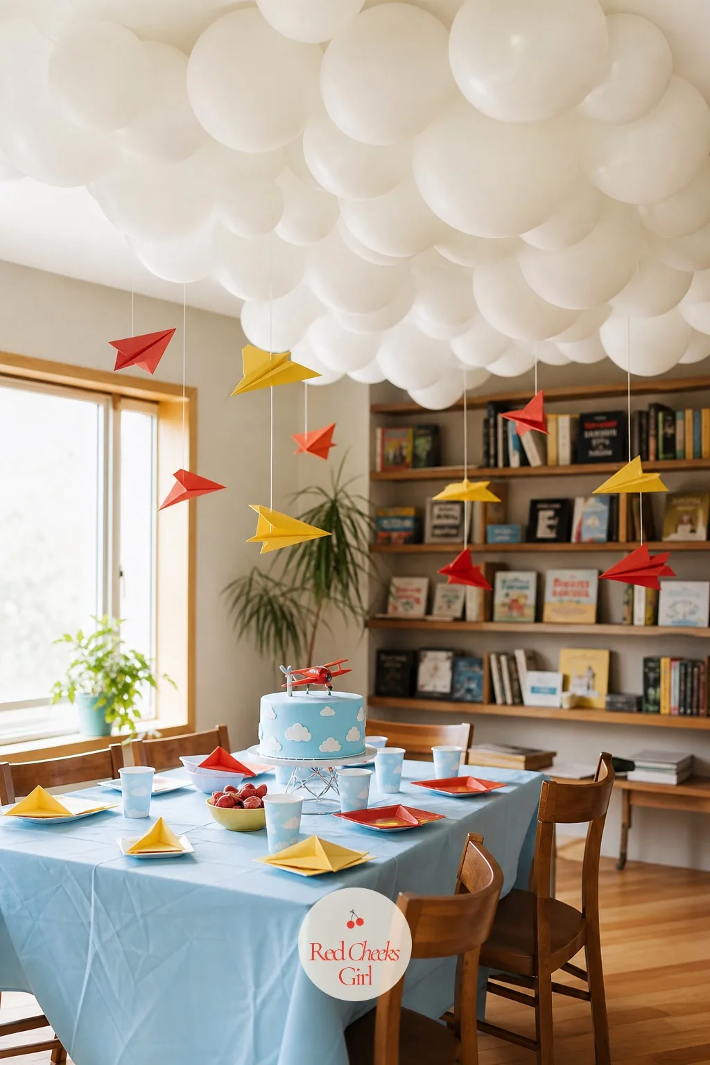 Balloon Cloud Ceiling With Paper Planes — Walk in and the first thing she will do is look up, not at the table. Airplane themed birthday party