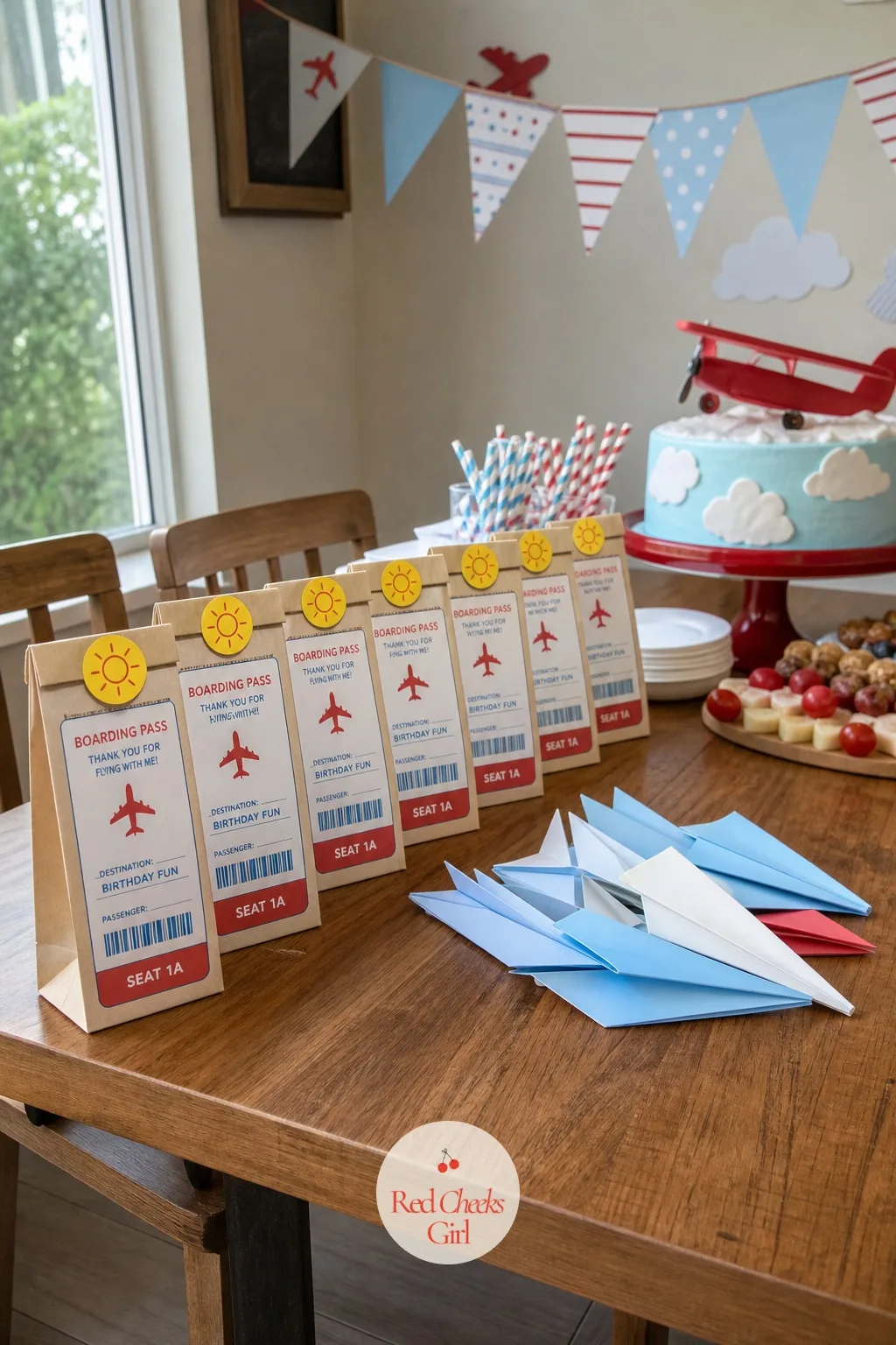 Boarding Pass Favor Bags — The last thing a small guest holds on the way out should match everything she just left behind, not a plain plastic bag with a