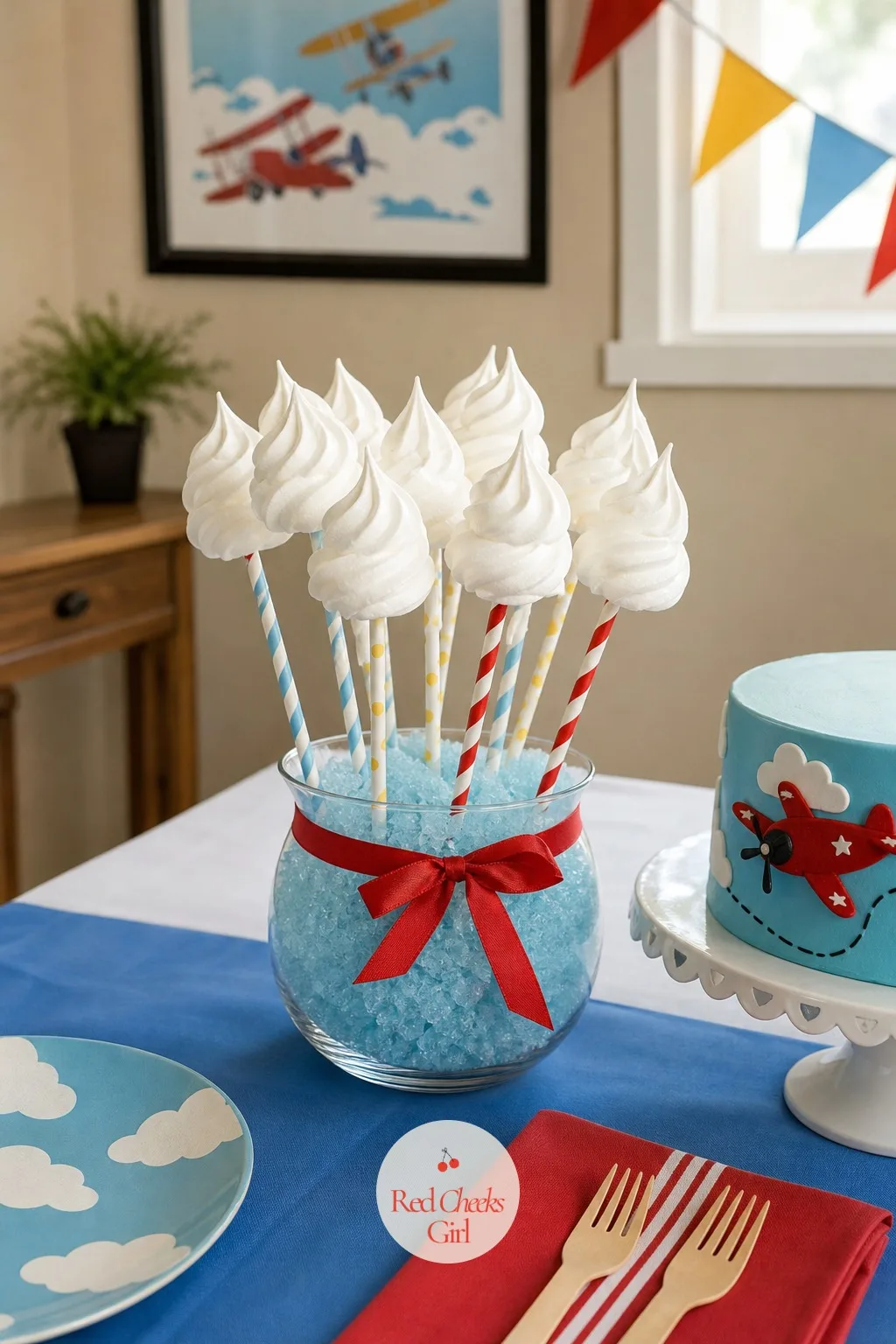 Cloud Meringue Pops — Small hands do better with something they can pick up whole, no cutting, no plate required. Airplane themed birthday party