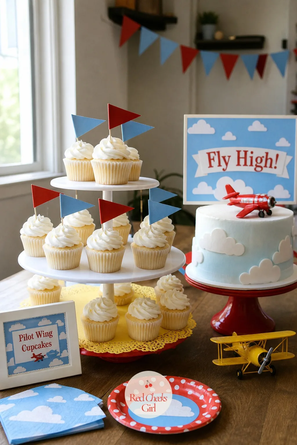 Pilot Wing Pennant Cupcakes — If the cake only feeds half the room, these fill the rest of the plate without any extra baking skill required. Airplane themed