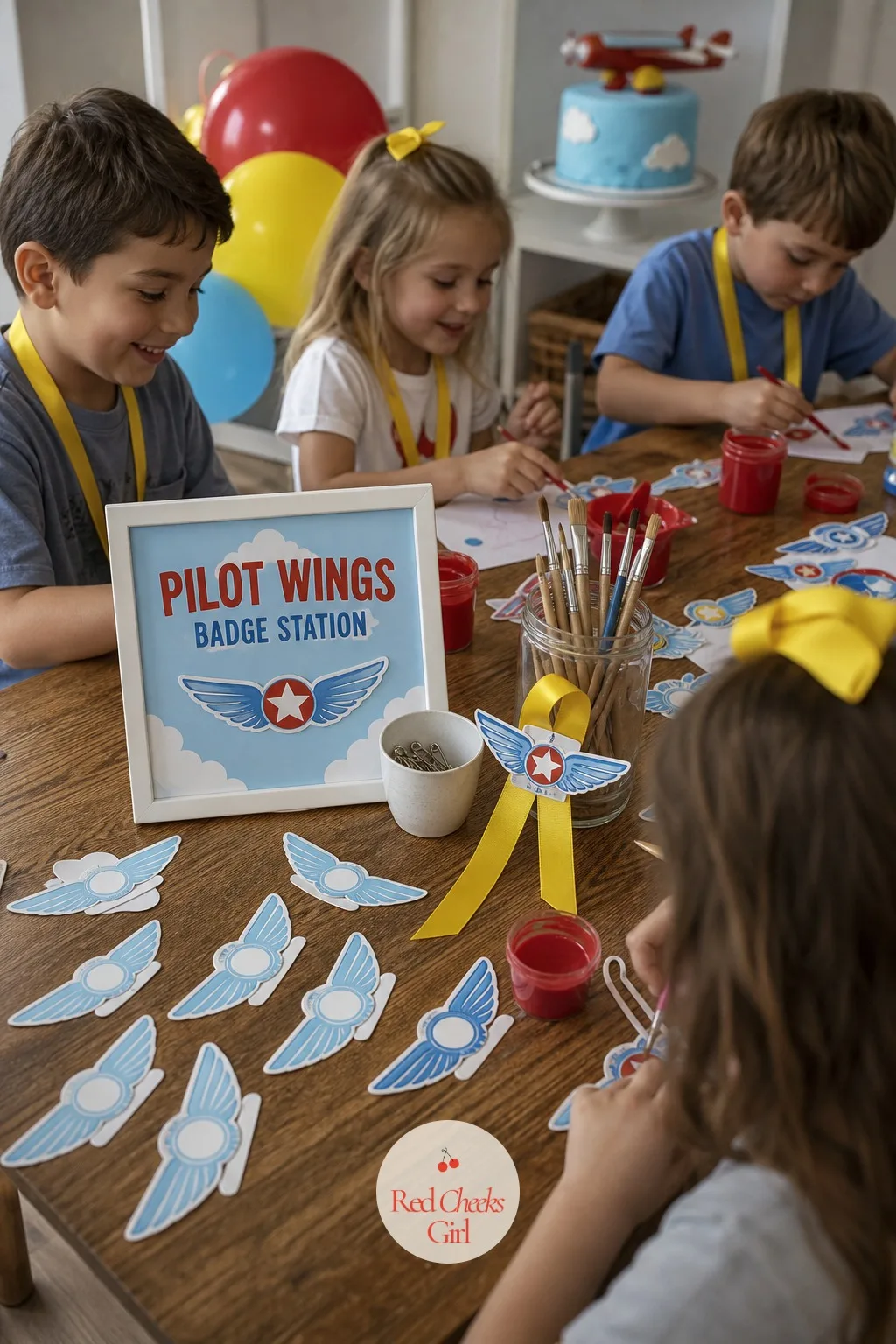 Pilot Wings Badge Station — The hat gets the attention, but it is the badge she will point to all afternoon and explain to anyone who asks. Airplane themed