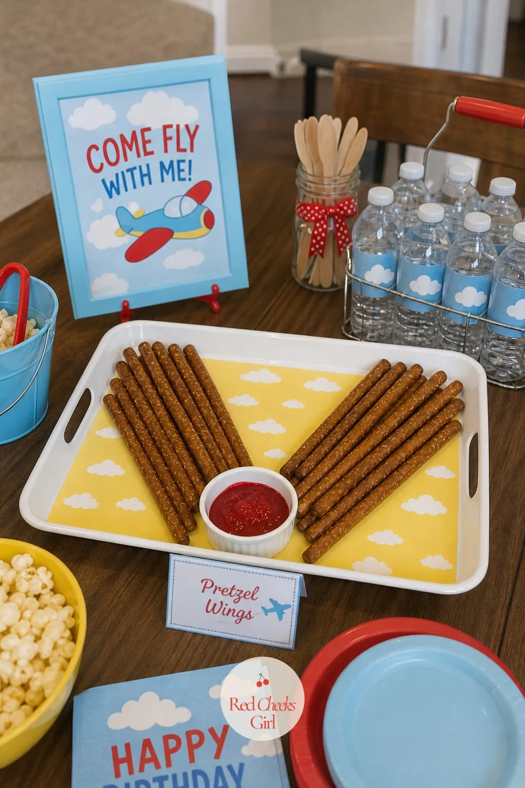 Pretzel Wing Platter — She has probably already decided pretzels are the best food at the party, so give them a small job to do. Airplane themed birthday party