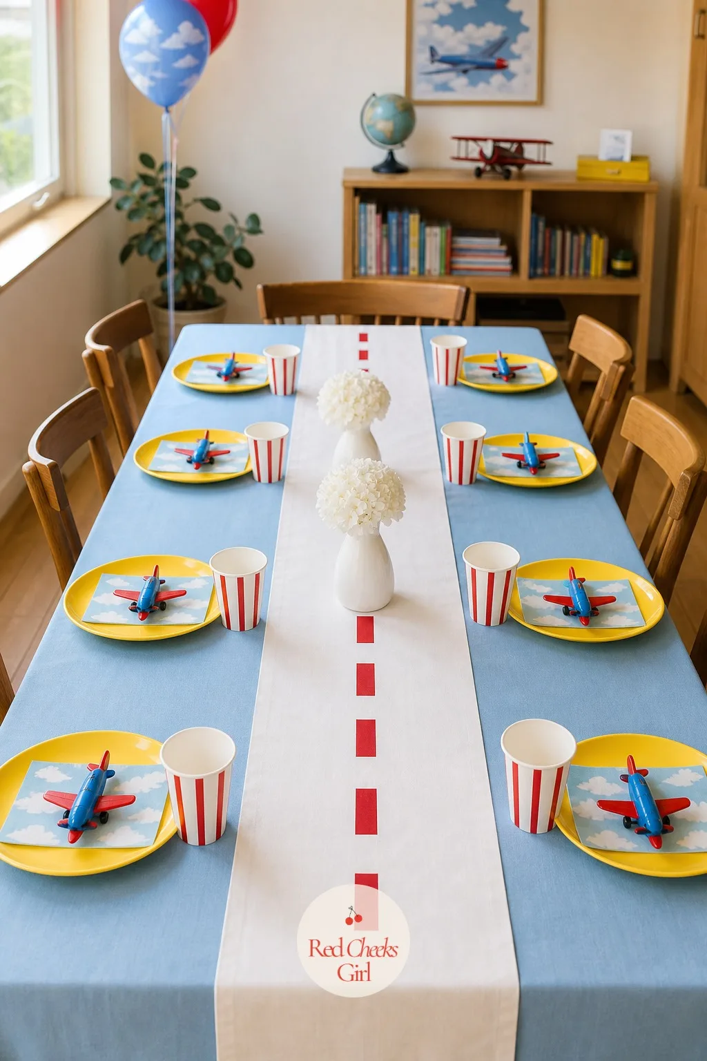 Runway Stripe Table Runner — A plain tablecloth under all those clouds looks unfinished, as if the sky forgot to bring the ground with it. Airplane themed