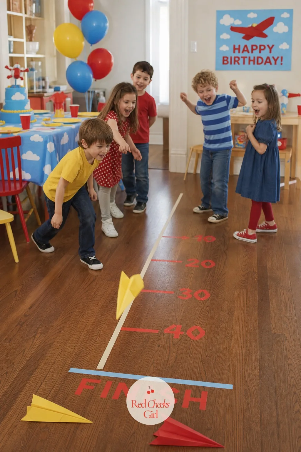 Taped Runway Flying Contest — This is the moment the sugar from the cake table finally finds somewhere to go. Airplane themed birthday party