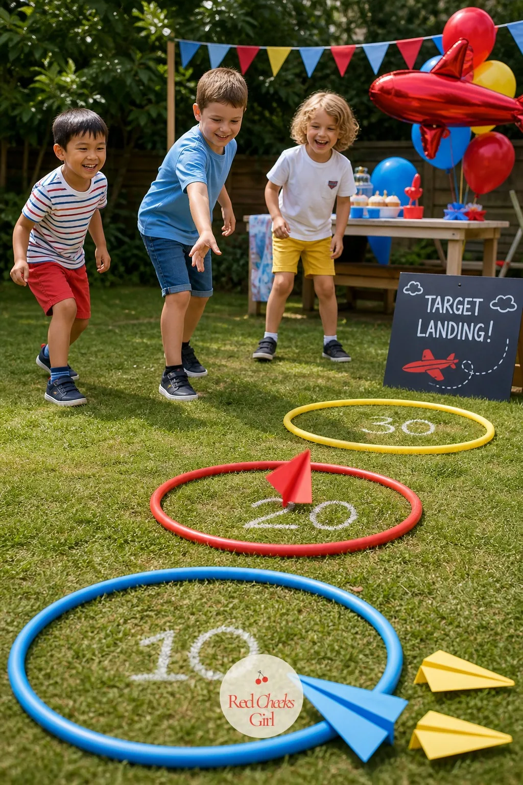 Target Landing Hoops Game — For a garden version of the same idea, swap distance for accuracy. Airplane themed birthday party