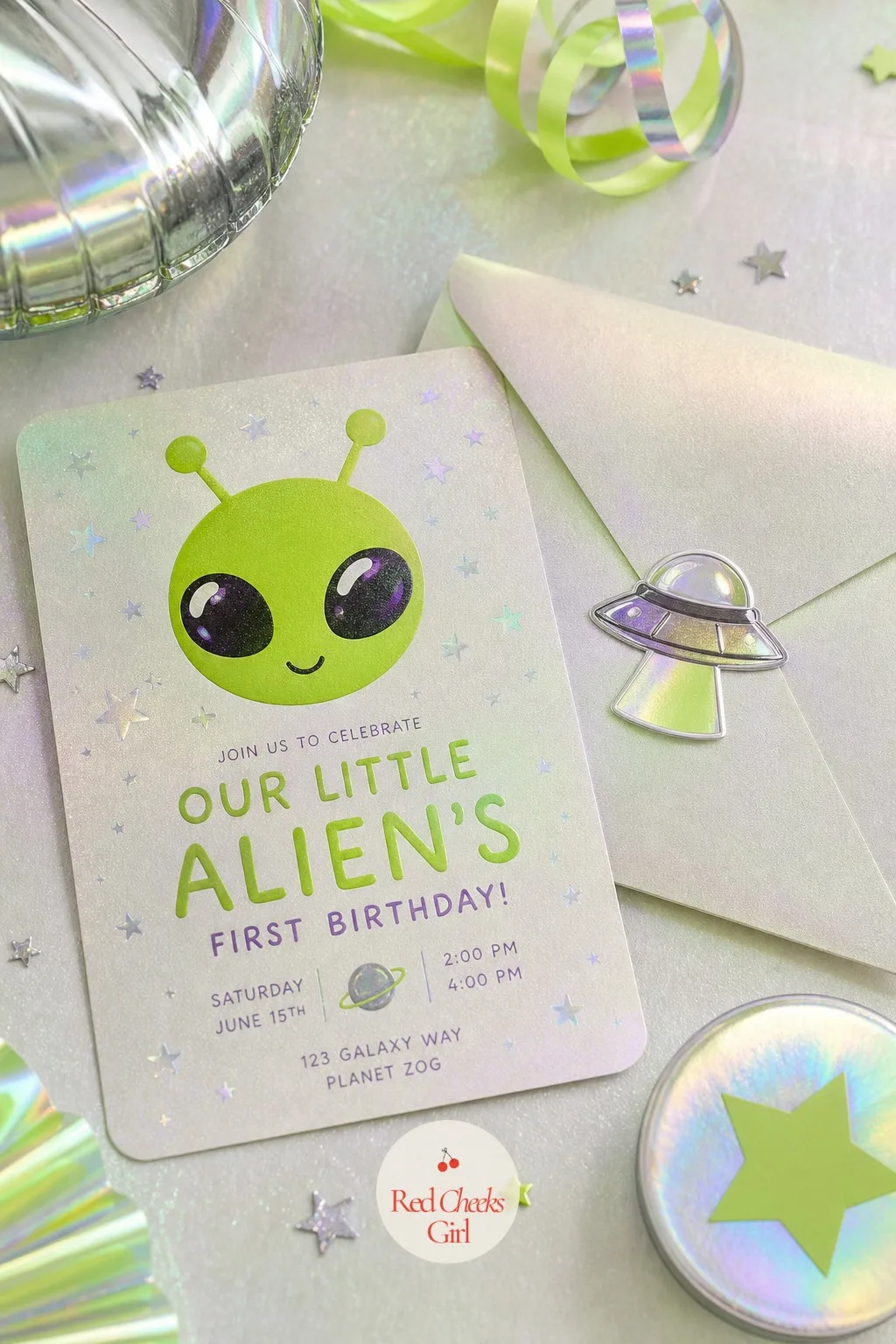 Invitation — A generic space invite with rockets and stars does not match a party this soft and friendly, and guests notice the mismatch before they even RSVP.