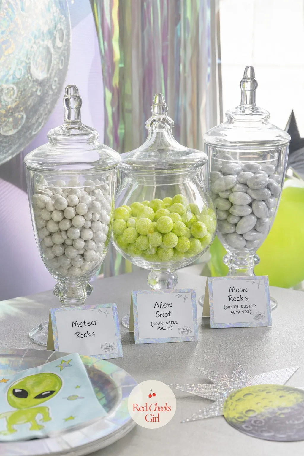 Space Rock Candy Jars — A table with nothing to grab from feels oddly formal for a first birthday. Alien first birthday party