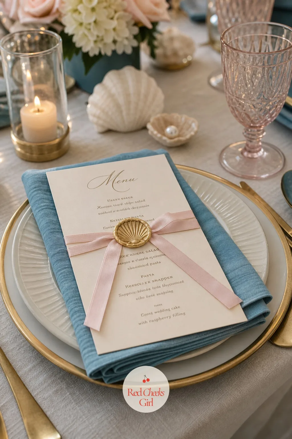 Menu Cards Sealed With a Gold Shell — At each place, a small cream card with the afternoon's menu on it, tied shut with powder pink ribbon and sealed with a