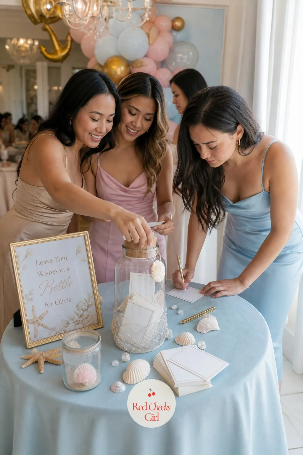 A Message in a Bottle Guest Book — Instead of signing a book nobody reopens, guests write a note and roll it into a bottle she can actually keep on a shelf.