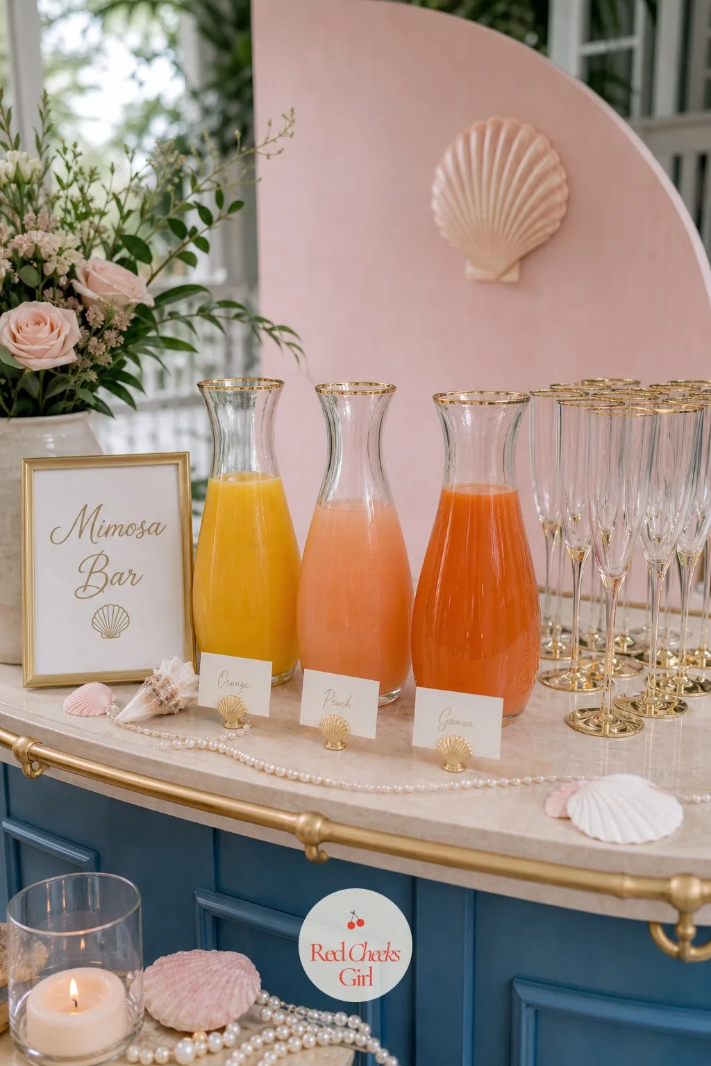 A Mimosa Bar With Gold-Rimmed Flutes — She will want something in her hand within the first ten minutes, and a self-serve mimosa bar means nobody has to play