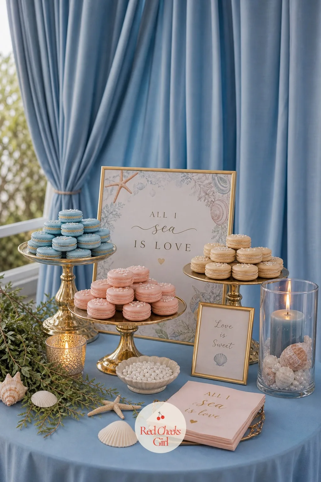 A Mini Dessert Table of Macarons and Pearls — For a shower with a sweeter crowd, a small dessert table off to the side keeps the main table from getting