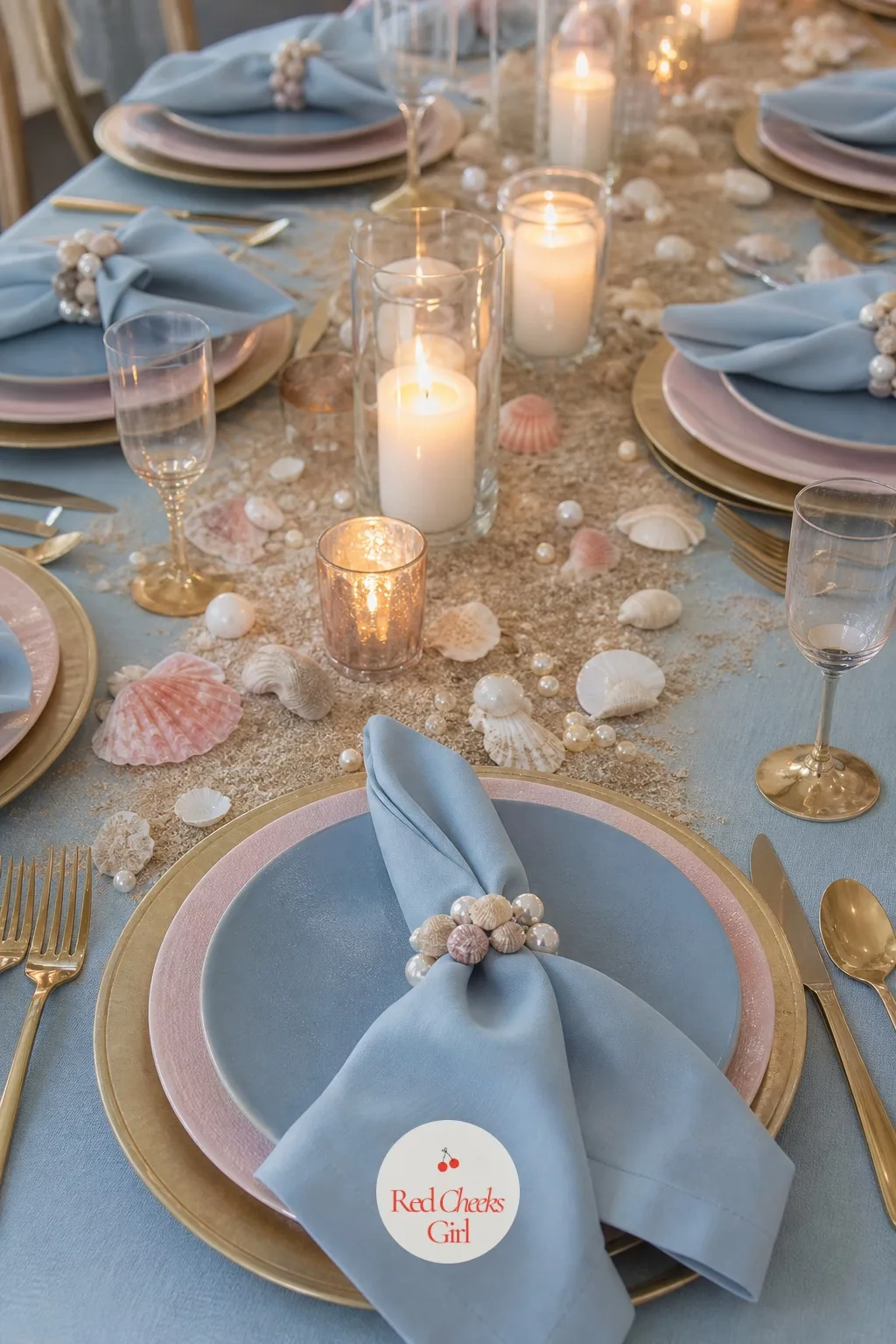 Napkin Rings Made of Small Shells — A last small detail at each setting: a ring of small polished shells, wired together with a touch of gold, holding the
