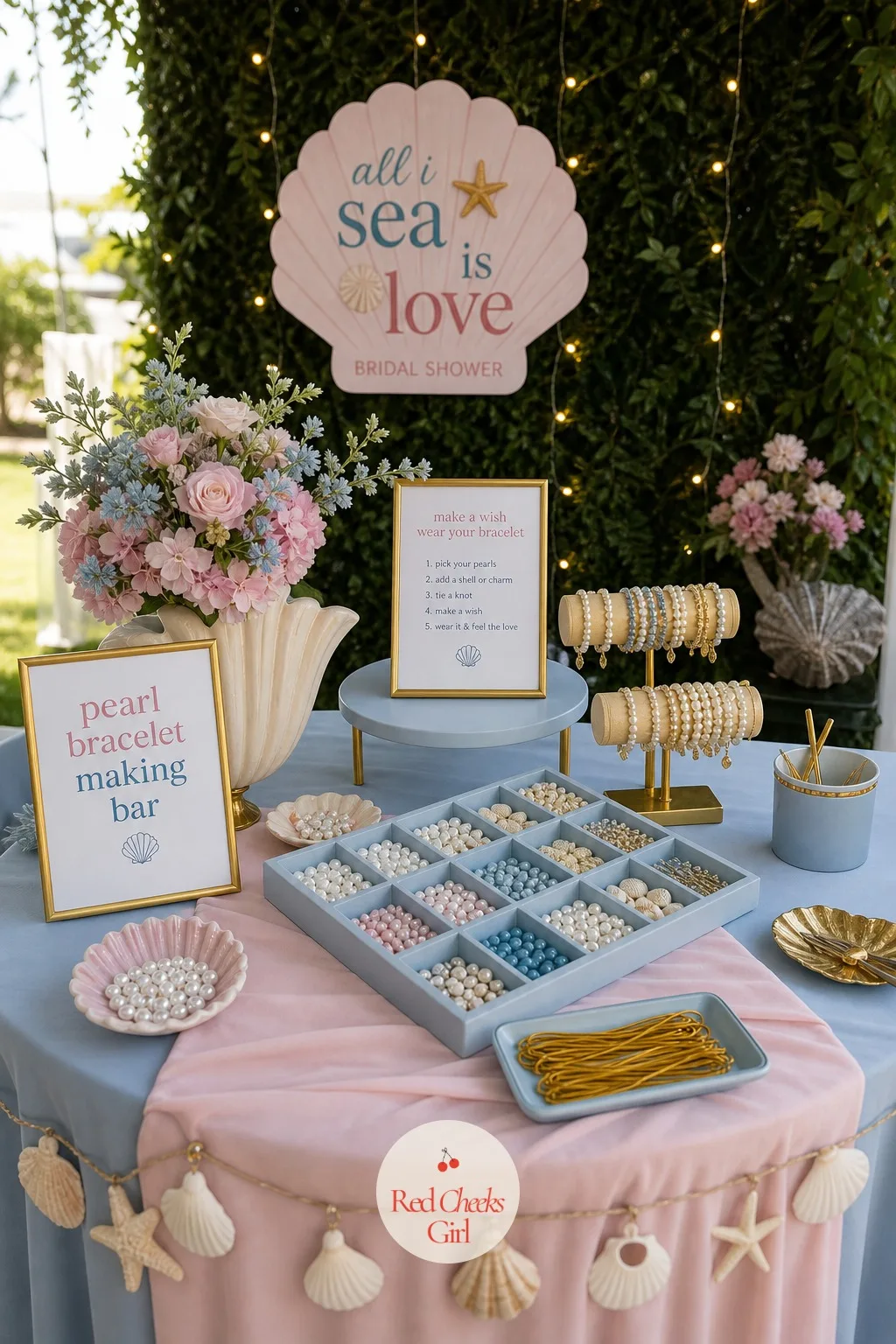 A Pearl Bracelet Making Bar — Give the guests who arrive early and the ones who finish eating first a station with their name on it. All i sea is love bridal