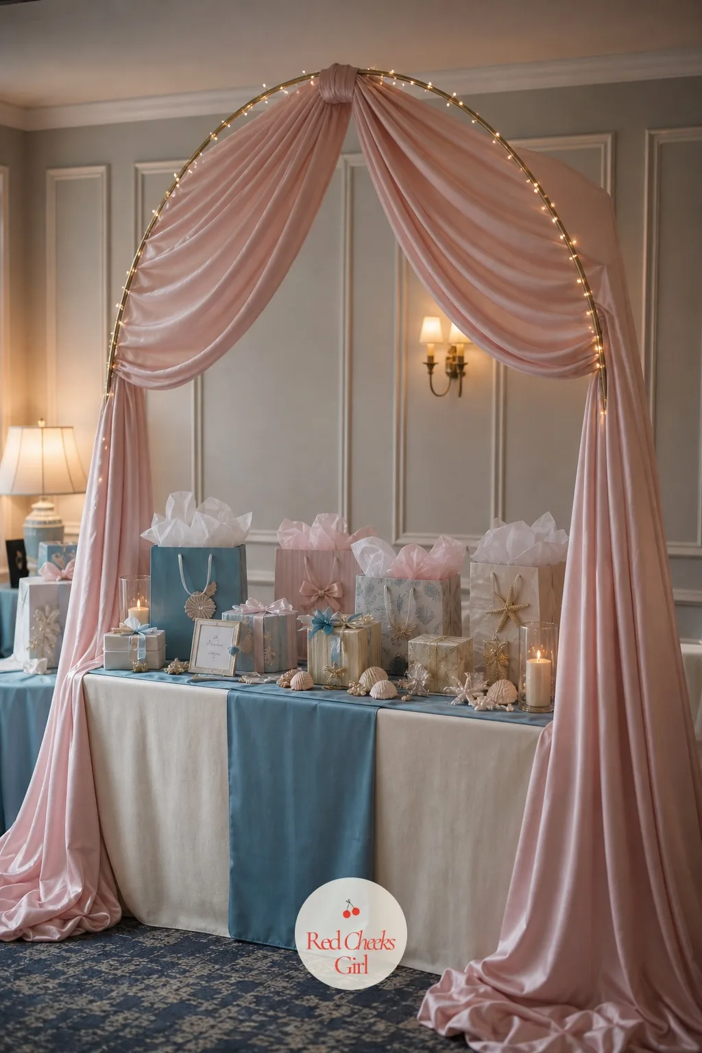 A Powder-Pink Canopy Over the Gift Table — Walk in and the first thing she should see is fabric, not furniture. All i sea is love bridal shower theme