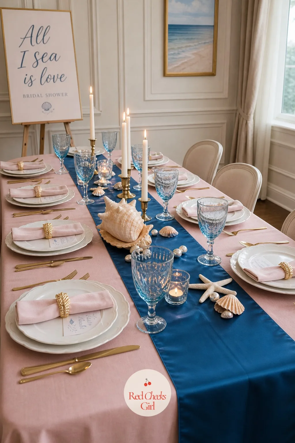 Pressed Powder Pink Linen With an Ocean Blue Runner — Underneath the sand and the vases, the linen itself is doing quiet work. All i sea is love bridal shower
