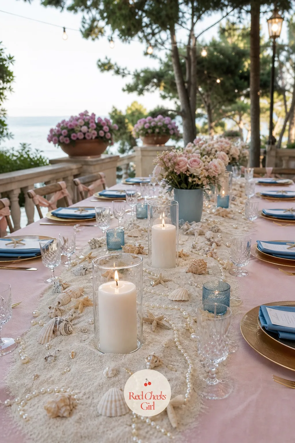 A Sand-Covered Tabletop With Shells and Starfish — This is the moment she notices the detail work: the table itself has sand on it, not a photograph of a