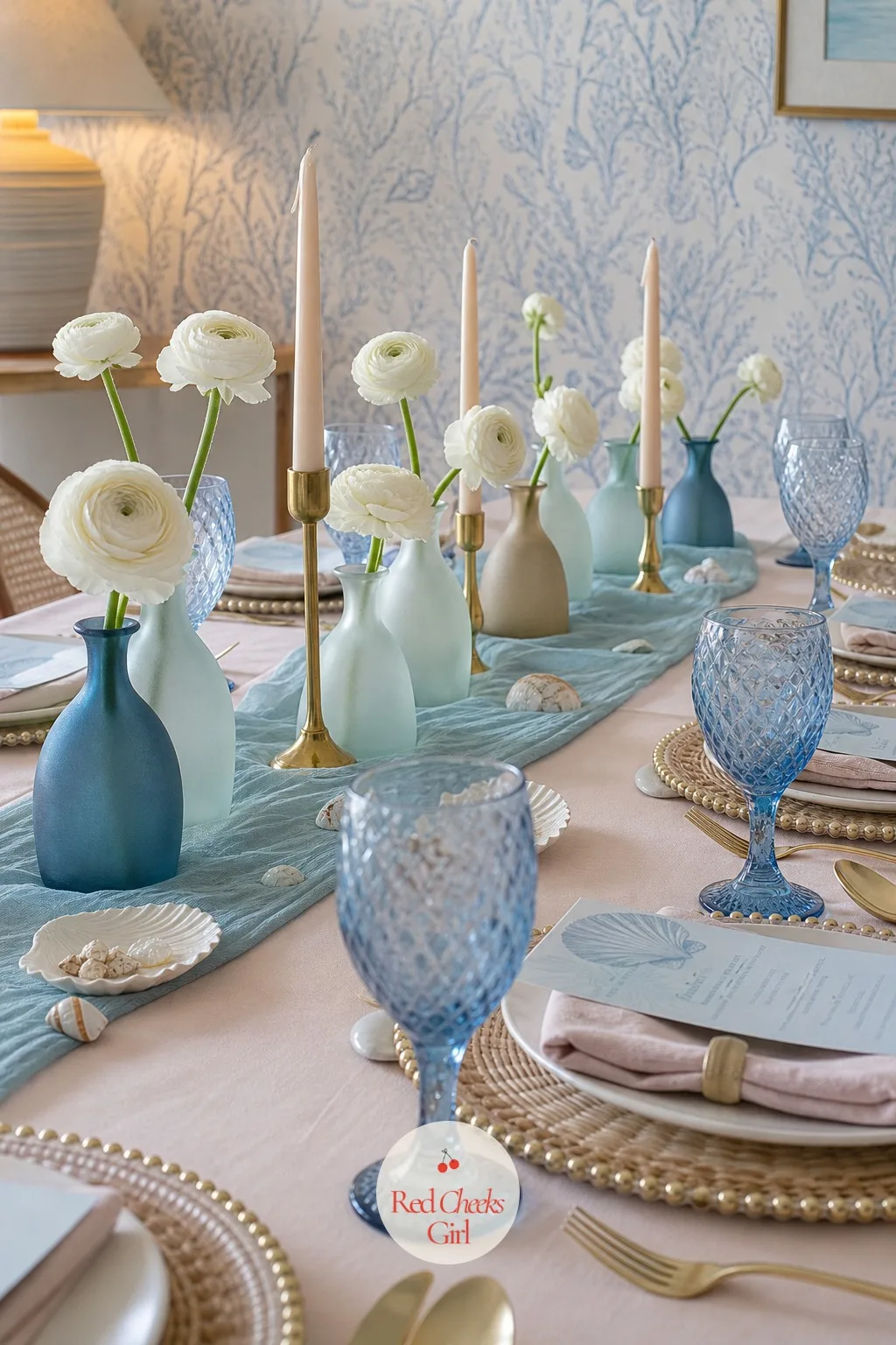 Sea Glass Vases Down the Centre — Flowers here do not need to shout, because the vases are already doing something. All i sea is love bridal shower theme