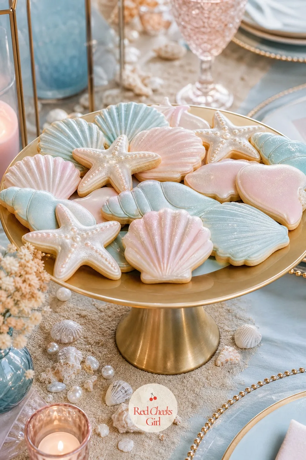 Shell Cookies Dusted With Pearl — Next to the cake, a platter of iced sugar cookies cut into shell and starfish shapes, finished with a light brush of pearl
