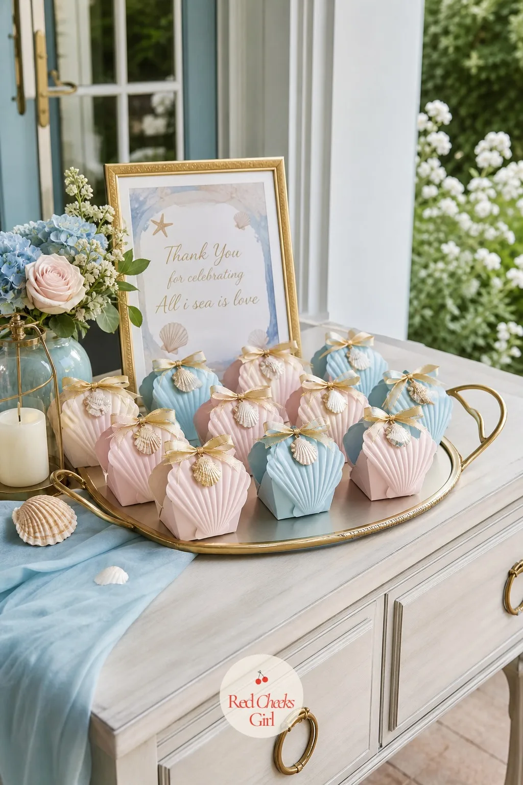 Shell Favor Boxes to Take Home — The last thing guests pick up on their way out should be small, light enough to fit in a bag, and still clearly part of the