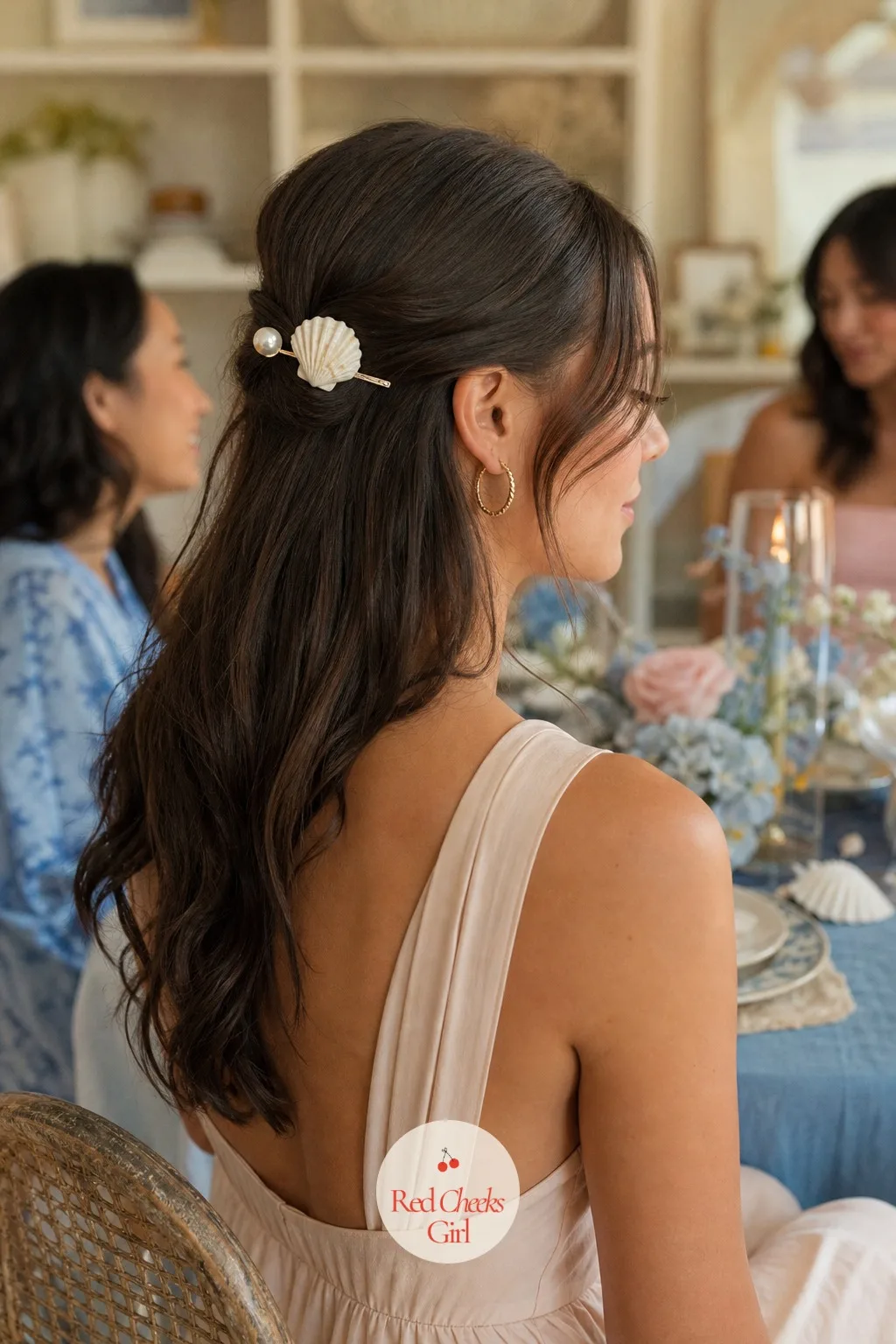 Shell and Pearl Hair Clips to Pin On — Somewhere near the end of the afternoon, a small table with hair clips laid out gives guests something to wear for the