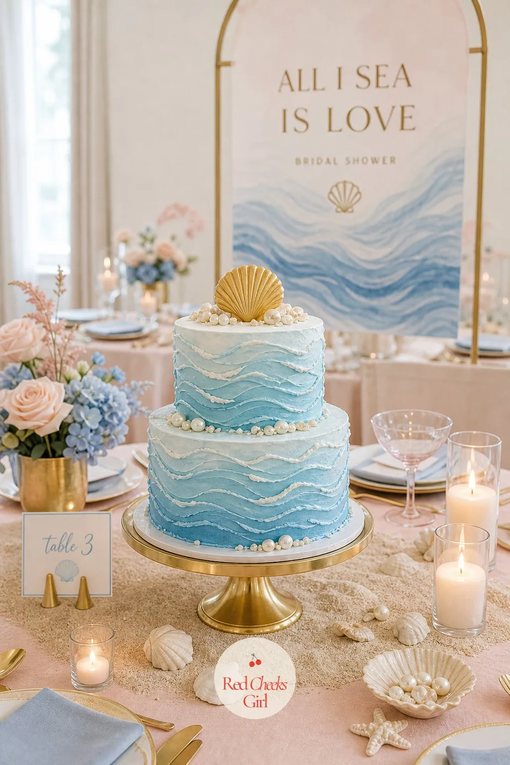 A Wave Cake in Blue and Powder Pink — It stands on a gold cake stand, the waves piped in buttercream with a palette knife rather than smooth fondant, so the