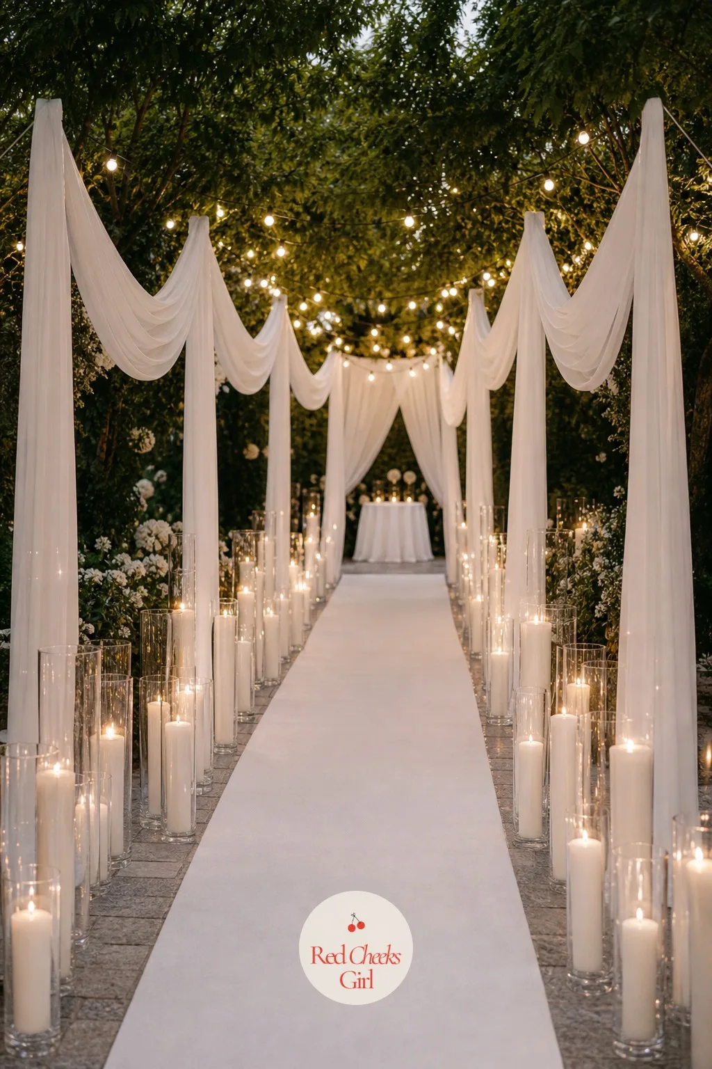 The Ceremony Aisle of White Candles and Sheer Drapery — An aisle that is just chairs and a runner reads as unfinished the second a guest looks past the first