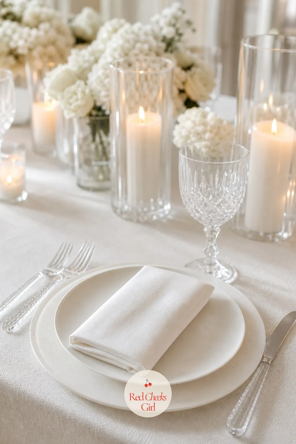 A Crystal and White Ceramic Place Setting — Every place setting needs a frame or the white plate disappears straight into the white cloth underneath it. All