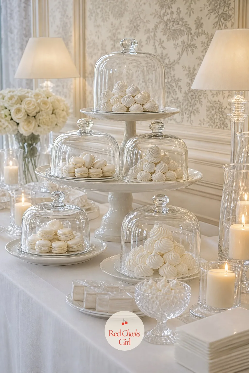 A Dessert Table Under Glass Domes — Mismatched desserts sitting bare on a table disappear into the white cloth the second the eye moves past the cake. All