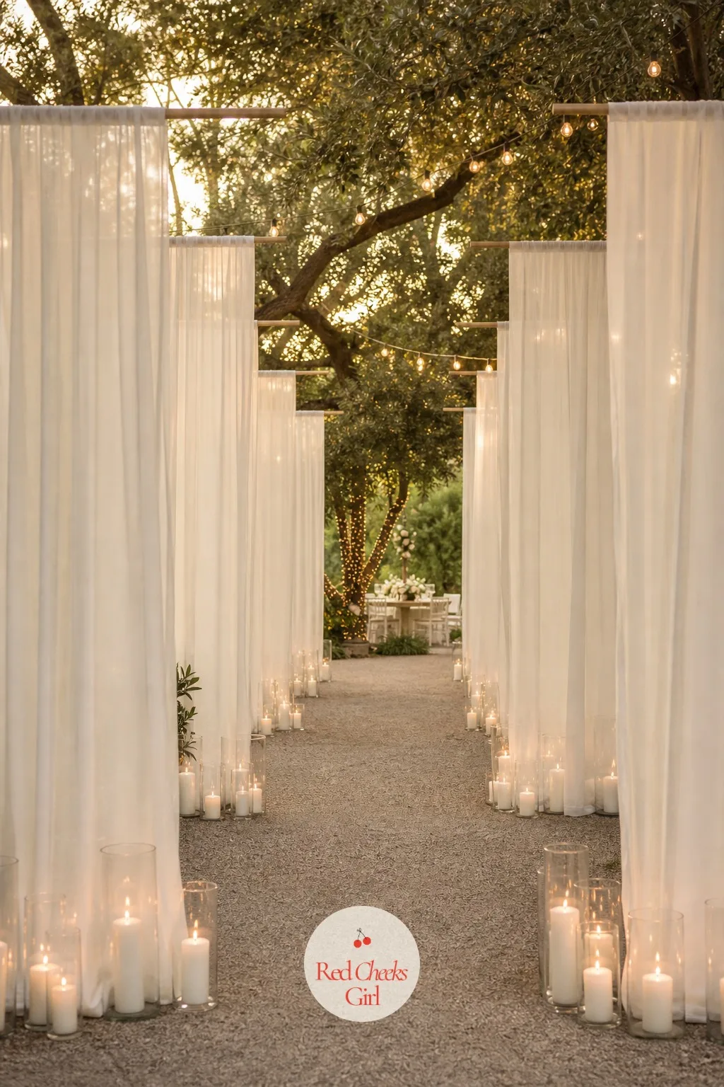 Entrance Walk Lined with Sheer Drapery and Candlelight — Guests walk in before the ceremony even starts, so this is the first impression, not an afterthought.