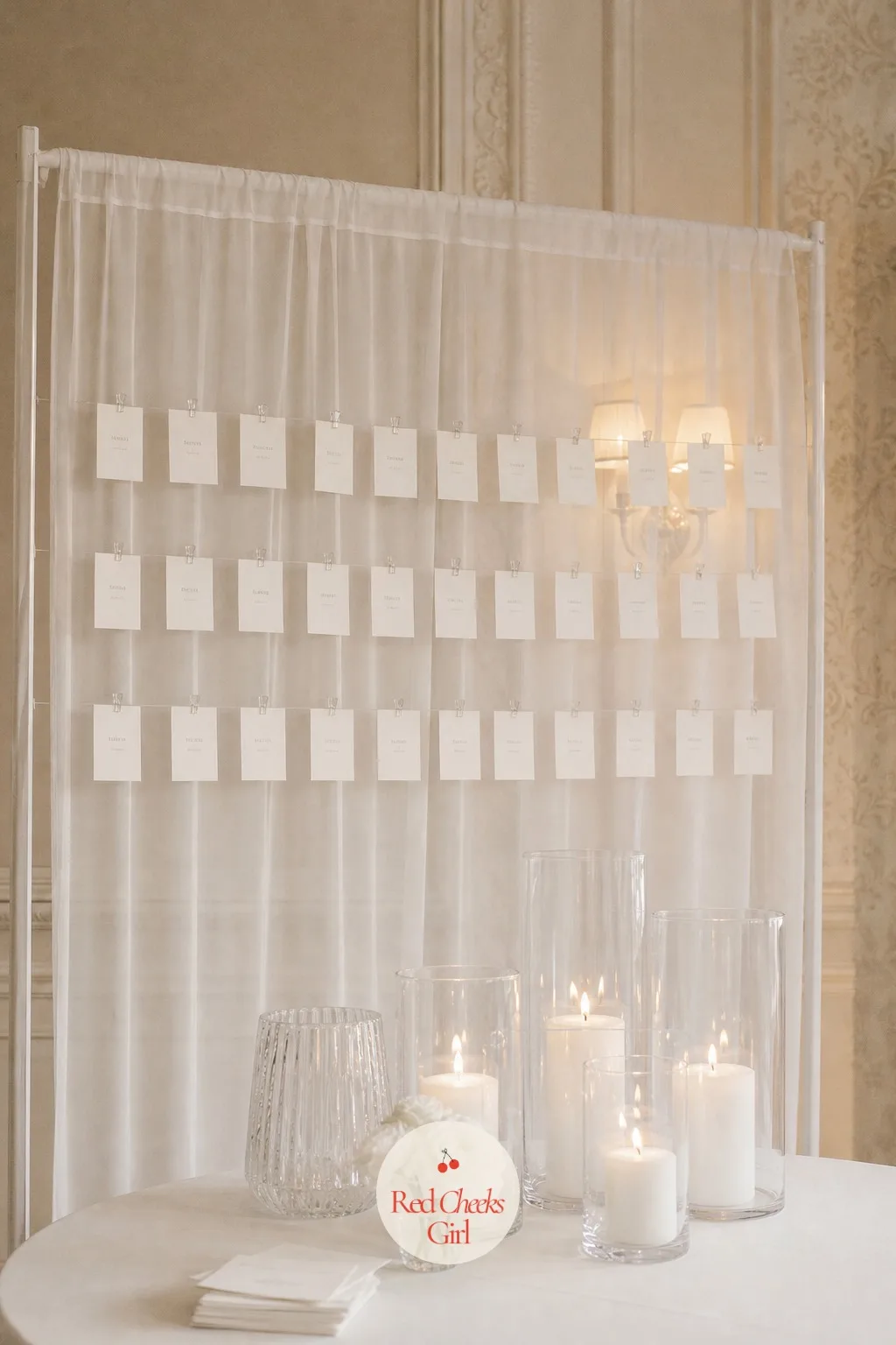 An Escort Card Wall in White and Glass — A folding table of alphabetized cards near the entrance is functional but forgettable, and it is usually the first