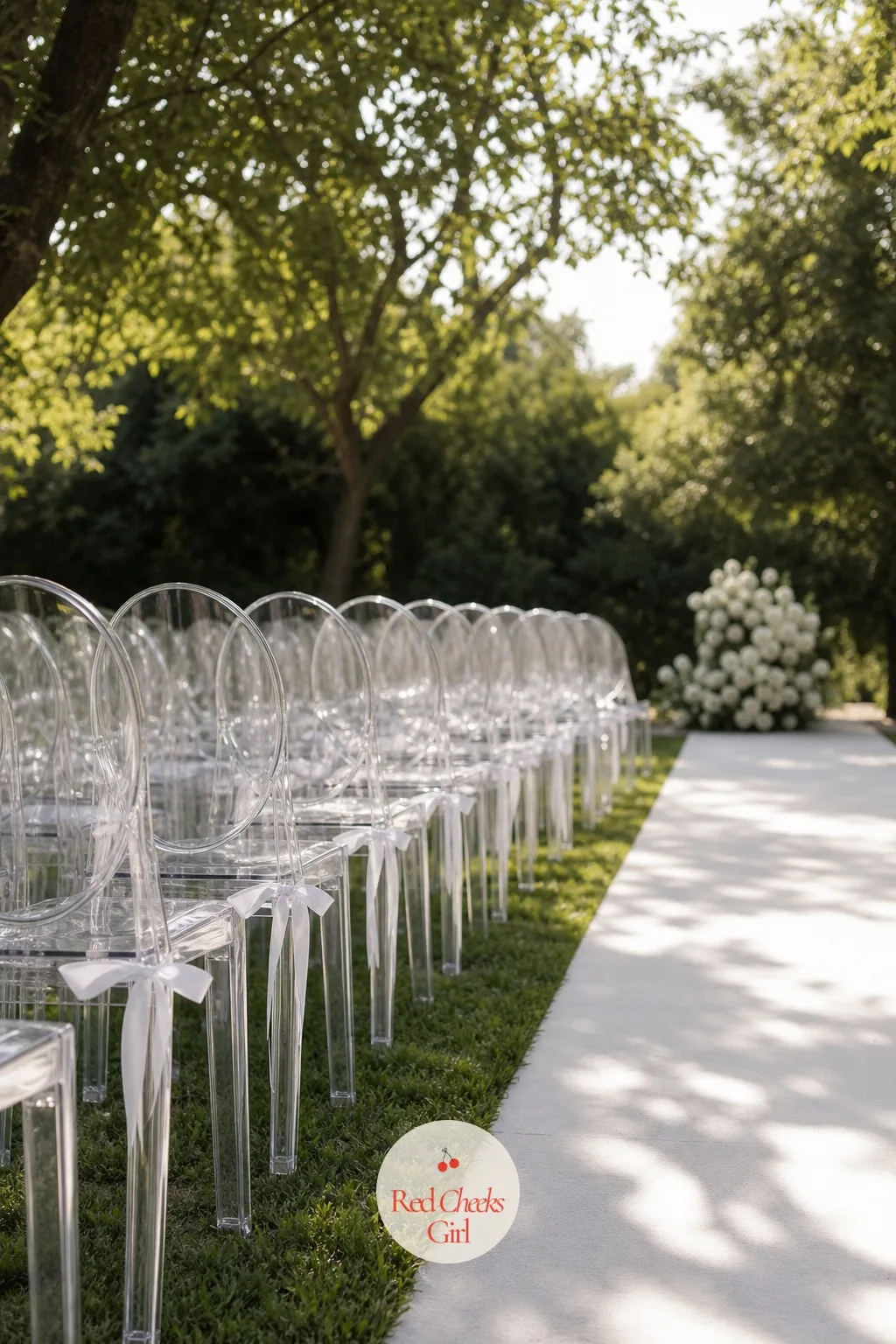 Ghost Chairs Lining the Aisle — Rows of heavy white chairs can start to look like a hotel conference room by the back row. All white wedding decor
