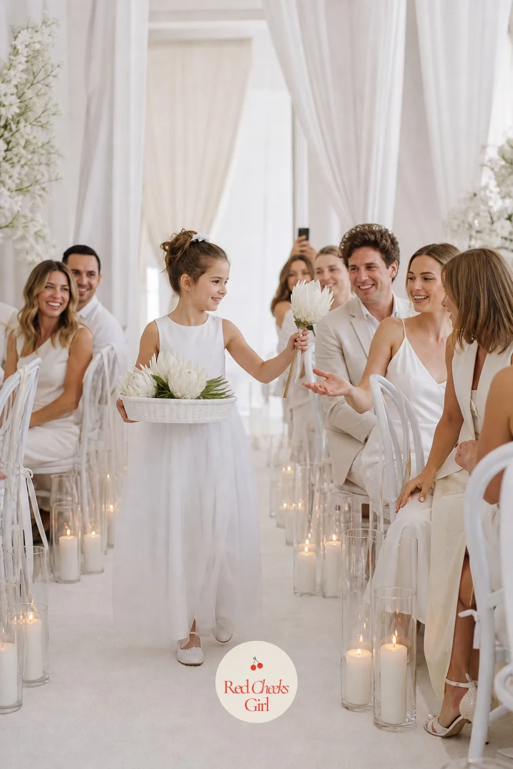 Giant White Proteas Tossed to Guests at the Start — Instead of petals drifting down (pretty, but gone in ten seconds), the ceremony opens with a flower girl or