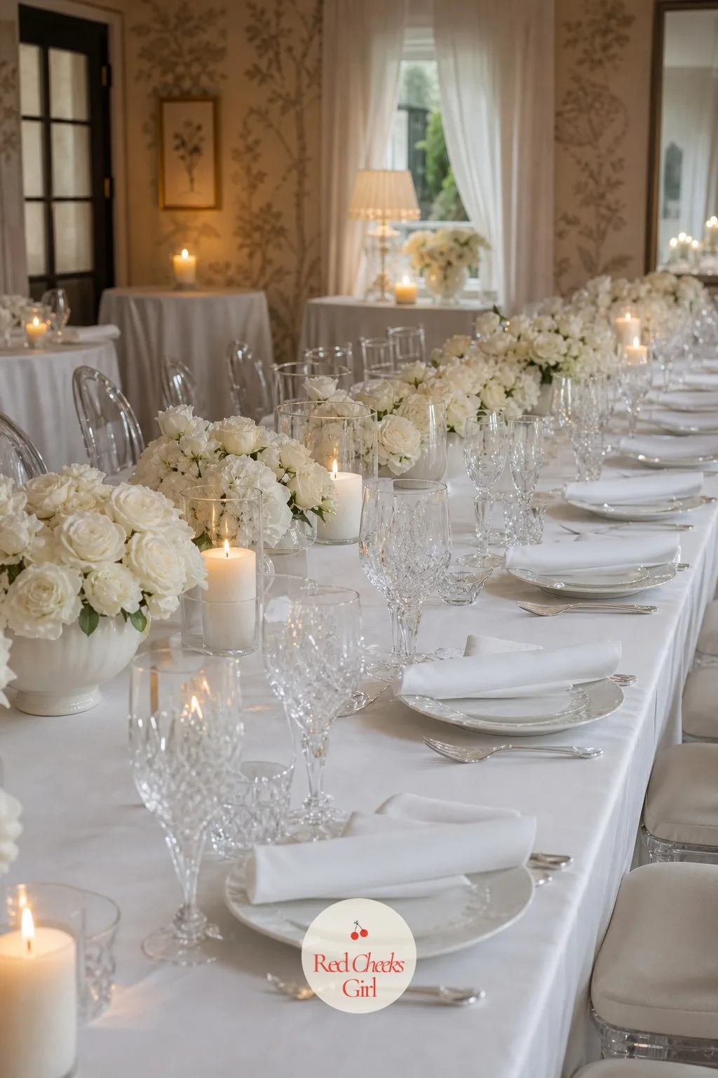 Long White Tables Set with Crystal and White Ceramics — A short answer to the fear that an all-white reception will look like a hospital cafeteria: layer the