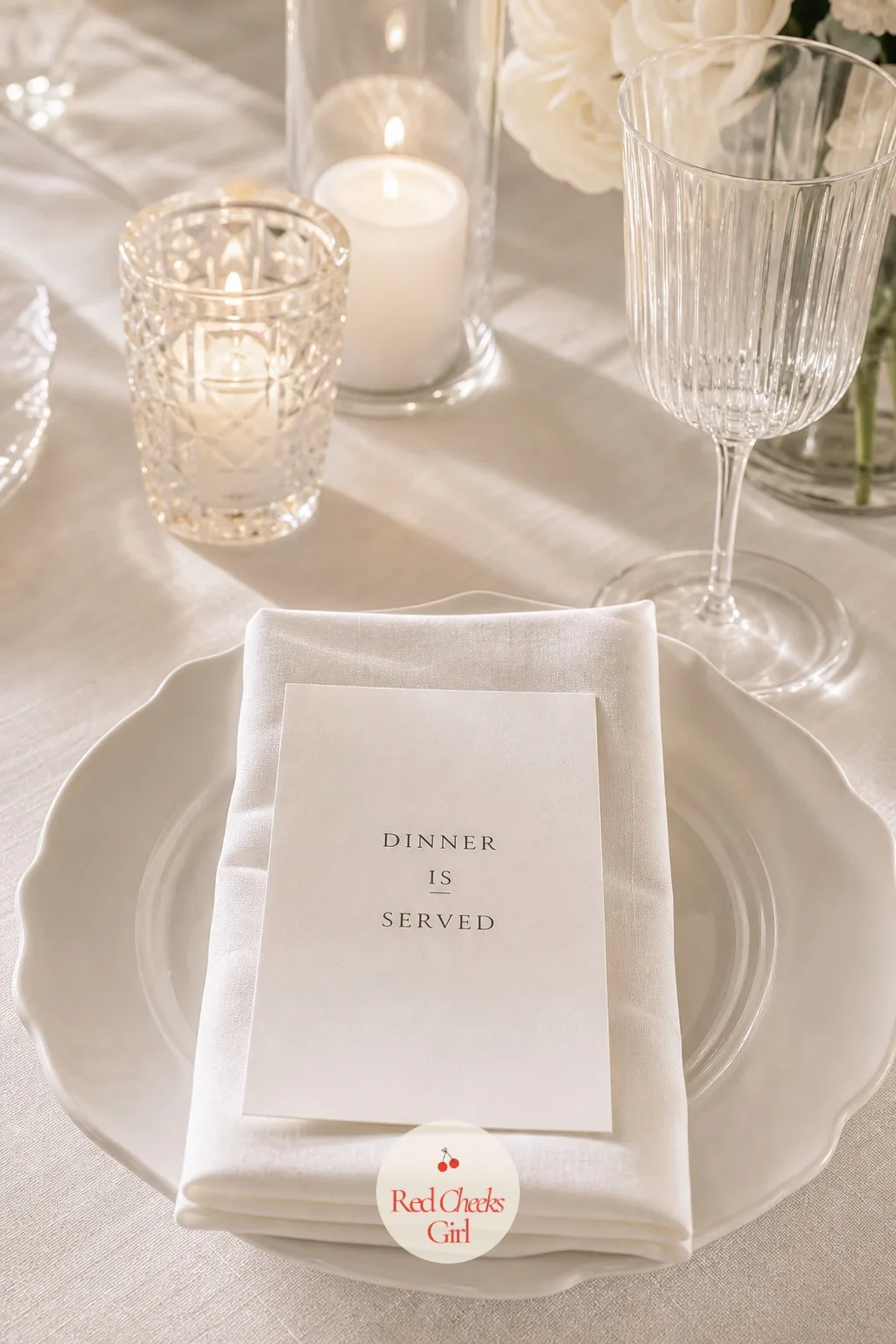 A Menu Card on Pressed White Cotton — A menu propped against a glass is easy to overlook until a guest is already three courses deep and still guessing what
