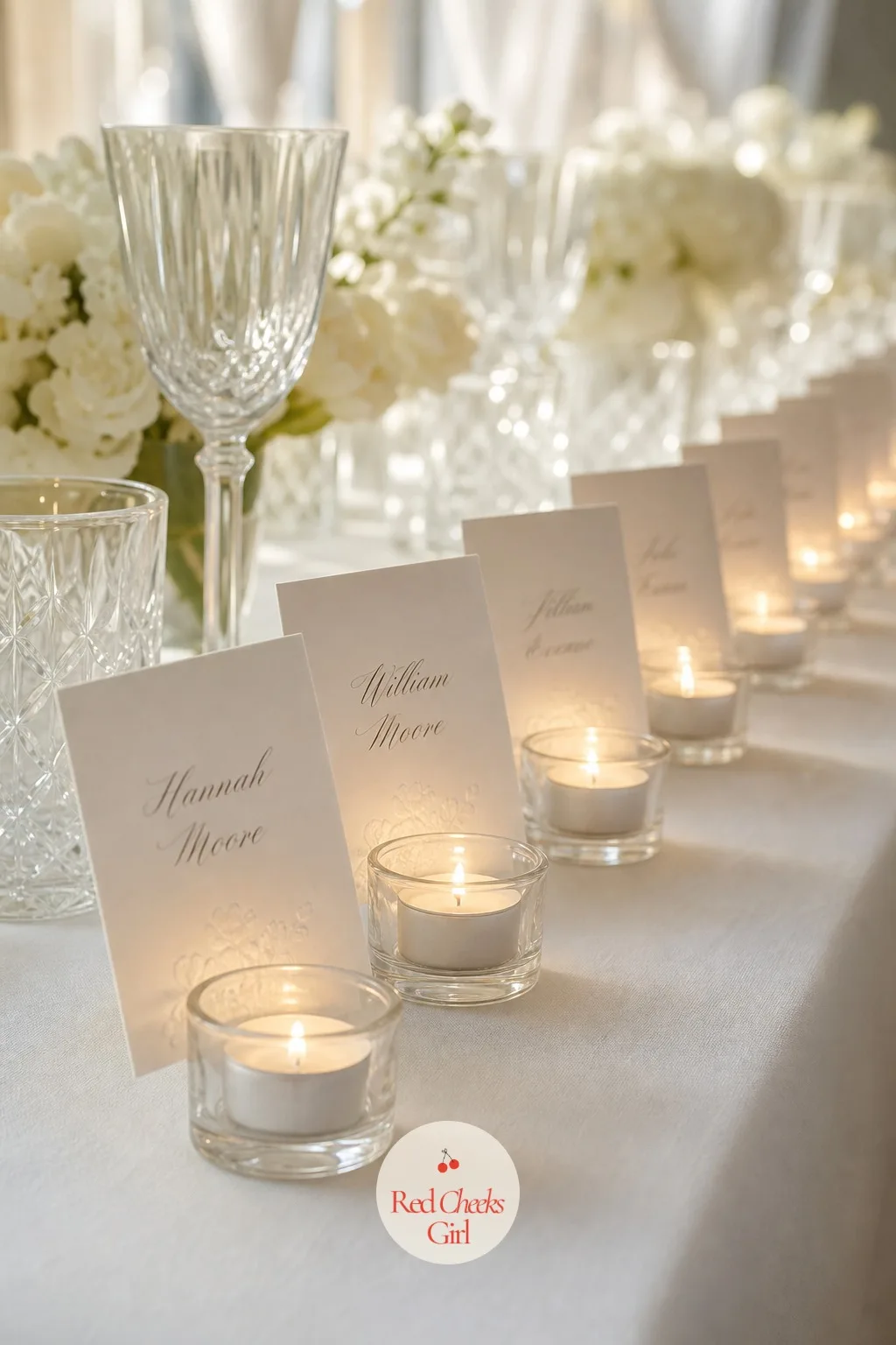 Place Cards Standing in Small Glass Votives — A flat place card on a white cloth is easy to lose between the charger and the napkin. All white wedding decor