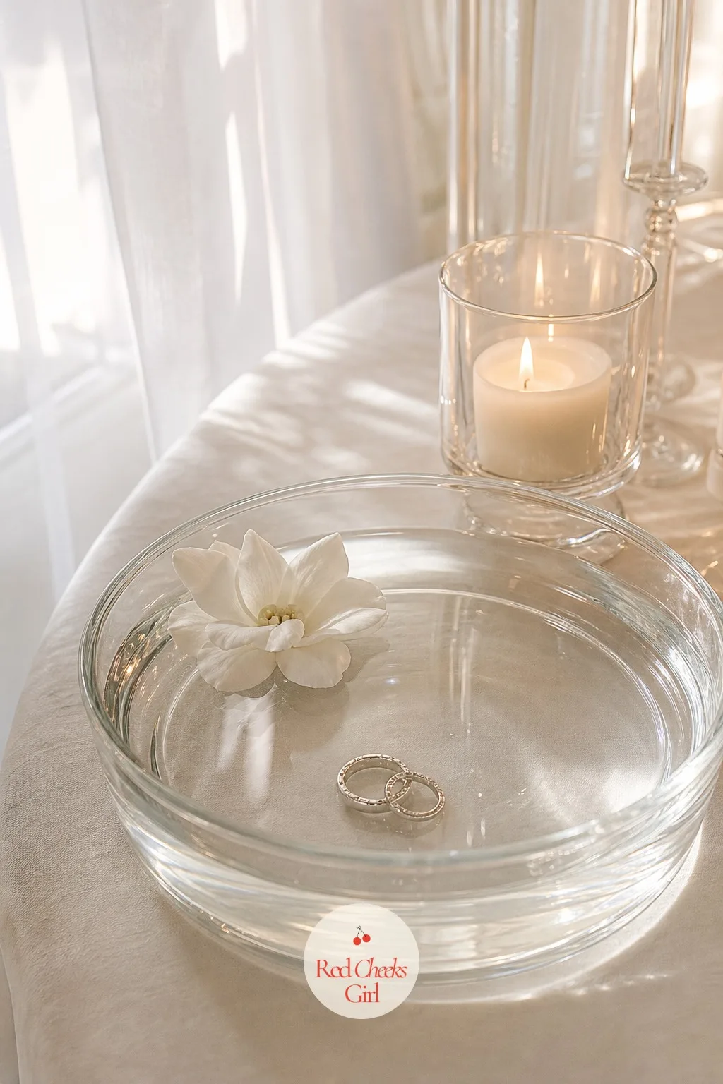 The Rings Presented in a Bowl of Water — A ring pillow is sweet but it is also exactly what every wedding has had since the 1990s. All white wedding decor
