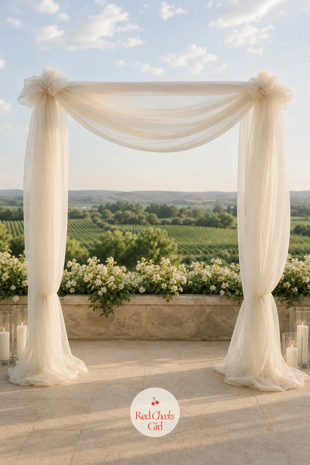 A Sheer-Draped Ceremony Arch — An arch covered edge to edge in flowers fights for attention with everything else in this palette. All white wedding decor