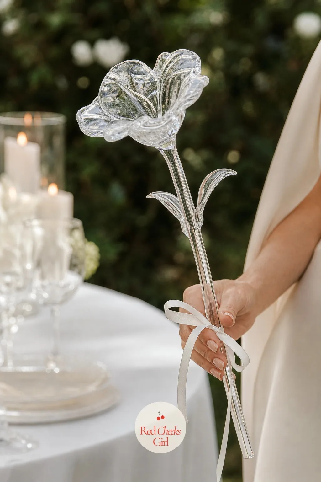 A Single Clear Glass Flower for the Bride to Carry — A full bouquet is beautiful, but it also hides her hands and half her dress in every photo. All white